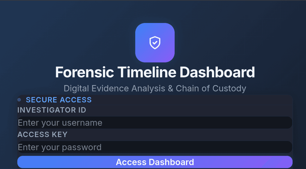 Forensic Timeline Dashboard — secure investigator login screen