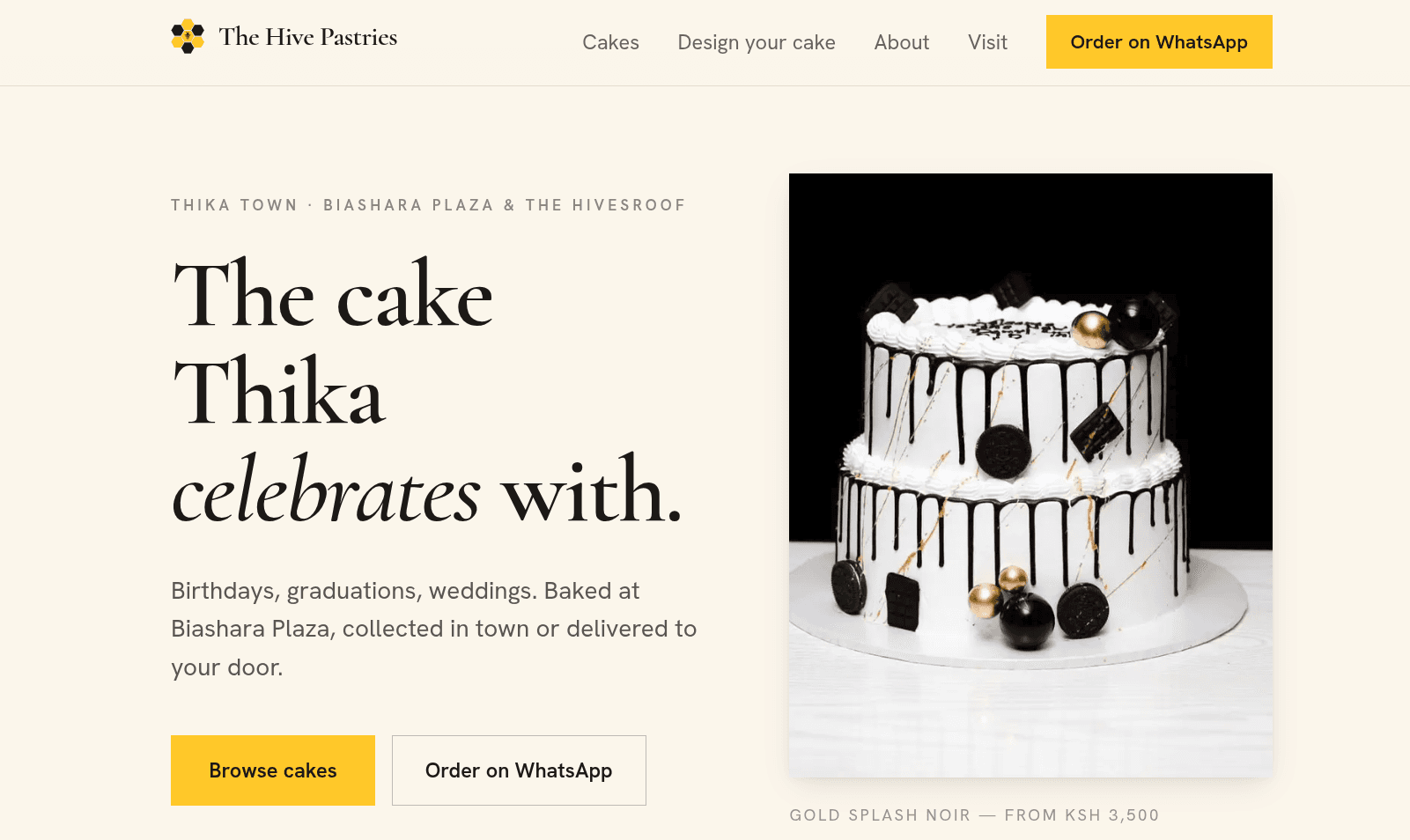 The Hive Pastries storefront, showing the cake catalogue with KSh pricing