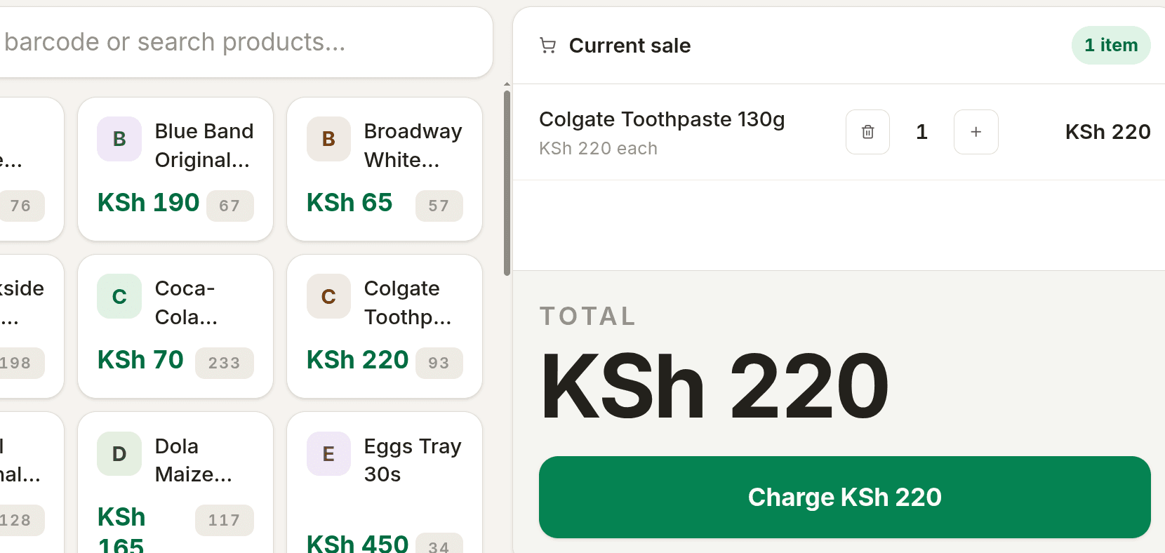 Tija point-of-sale till: the product grid, the current sale, and the Charge button